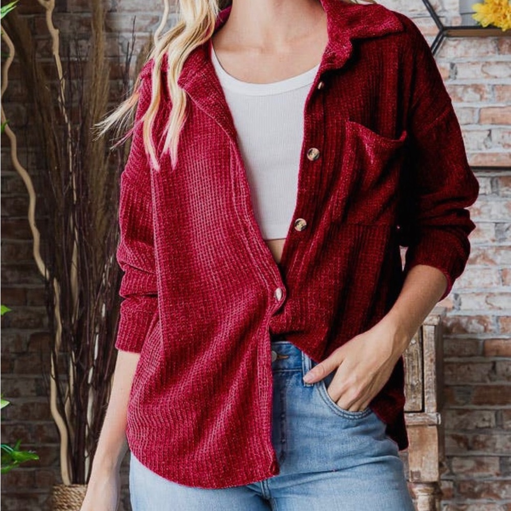 Burgundy chenille button sweater top